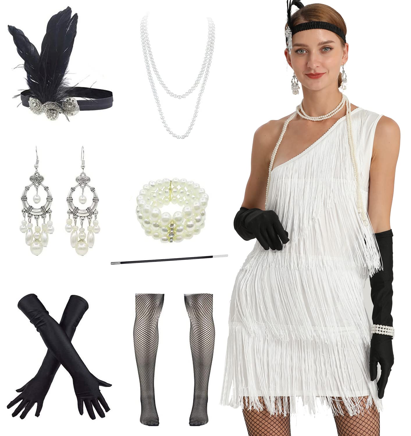 Women's 1920s Sequins Flapper Gatsby Cocktail Dress with 20s Headband Accessories Set