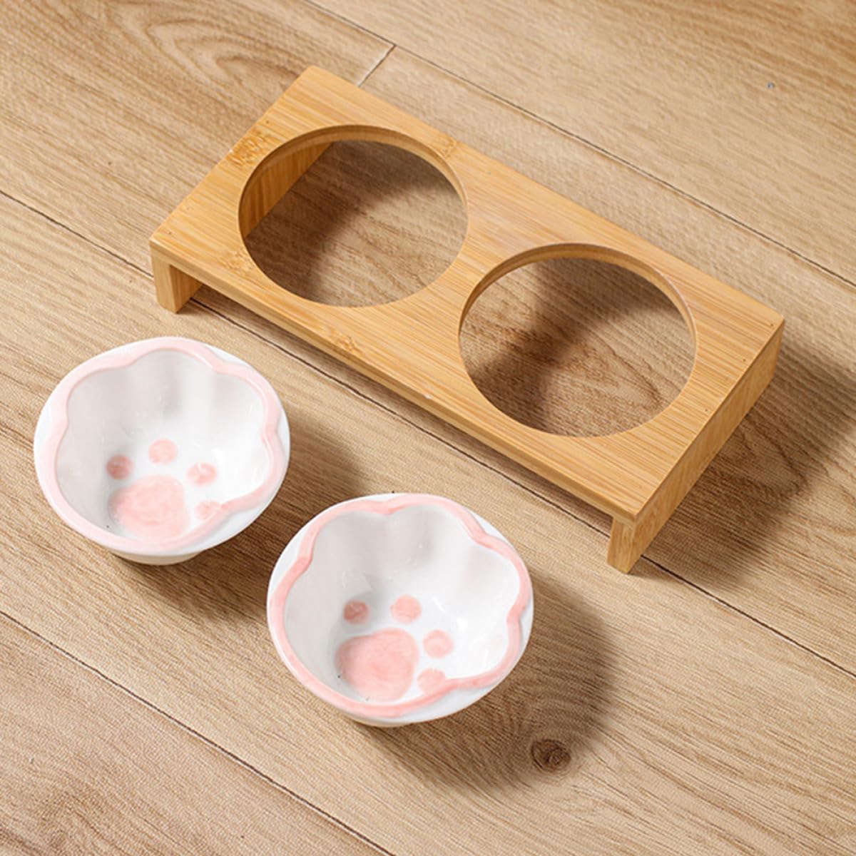GLEAVI Ceramic Elevated Cat Bowl Set with Stand Double Pet Food Bowls for Indoor Feeding Neck Protection Design Reusable Raised Cat Feeding Dish image 2