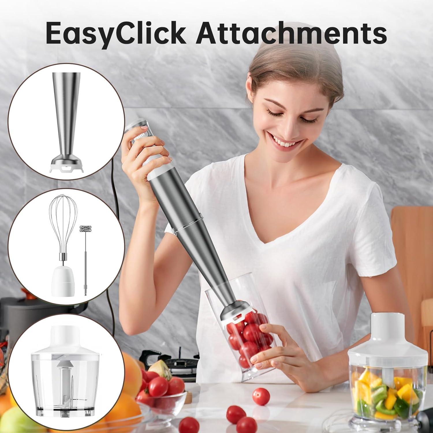 Turelar Immersion Blender Handheld Corded Hand Blenders Set 1100W, Trigger Variable Speed 5 in 1 Stick Emulsifier with Chopper, Whisk and Frother for Soup, Baby Food and Smoothies, White