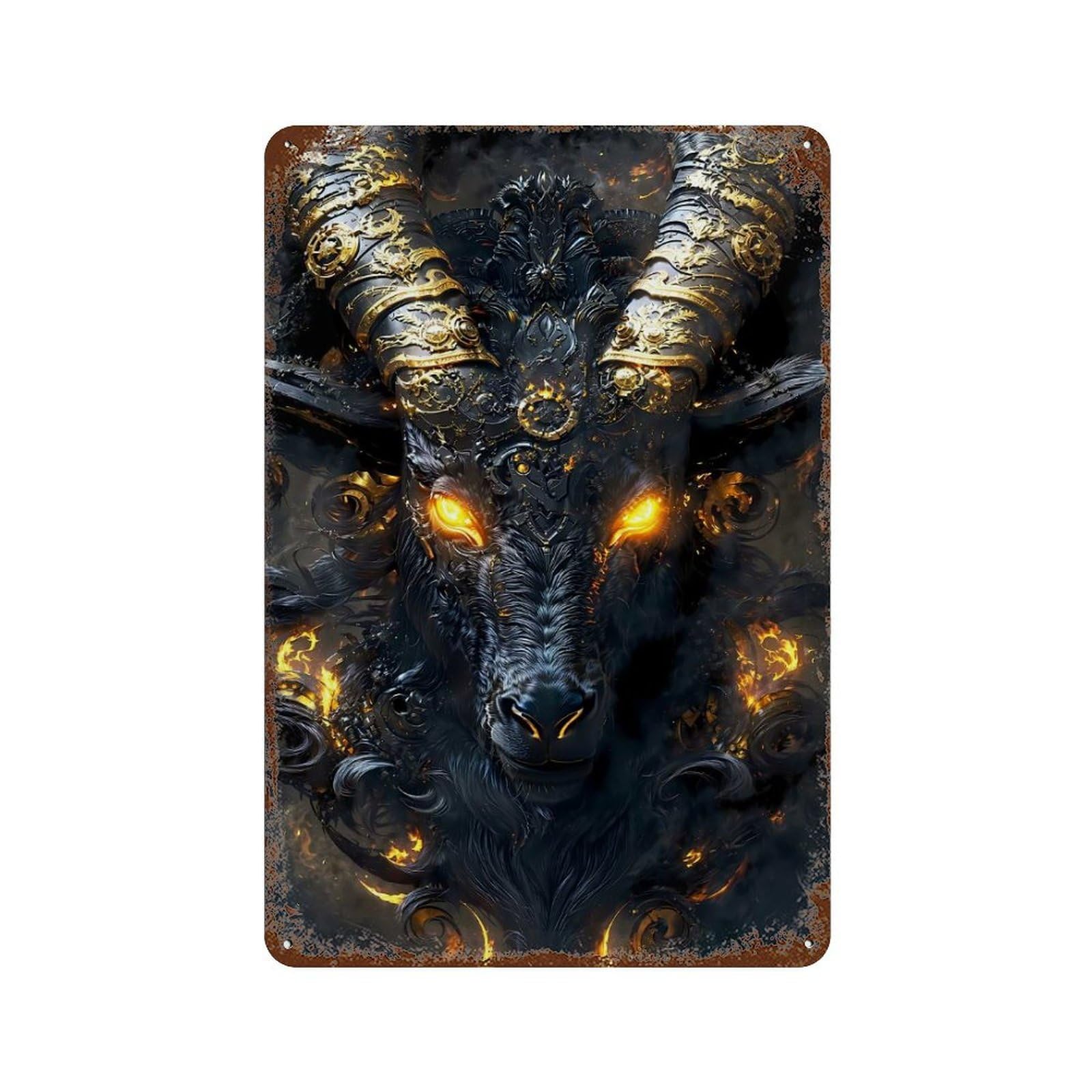 Retro Metal Sign with Devil Black Goat with Golden Horns Design 11.8"x7.9", for Shed, Workshop And Garage Wall Decor, Old School Wall Decor