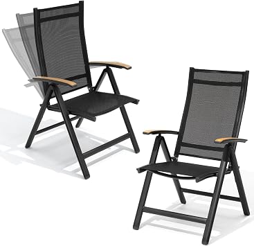 Crestlive Products Folding Patio Chairs Set of 2, 8-Level Adjustable Outdoor Recliner Chairs with Teak Armrest Aluminium Frame for Pool, Backyard, Black, DC071