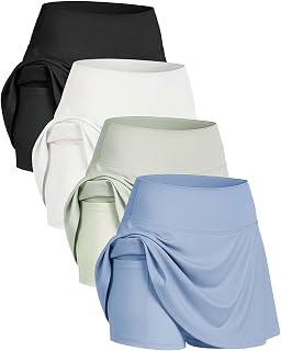 Real Essentials Women's Ribbed Active Skort 4-Pack with Pockets - Running Tennis Golf Workout Skirt, Plus Sizes