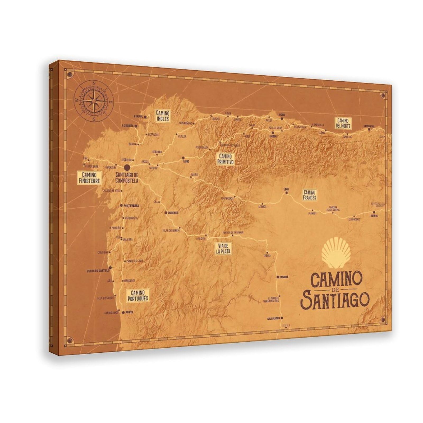 QNVJQKDSI Camino De Santiago Map Vintage Canvas Poster Bedroom Decor Landscape Office Room Decor Gift 24" L X 36" W