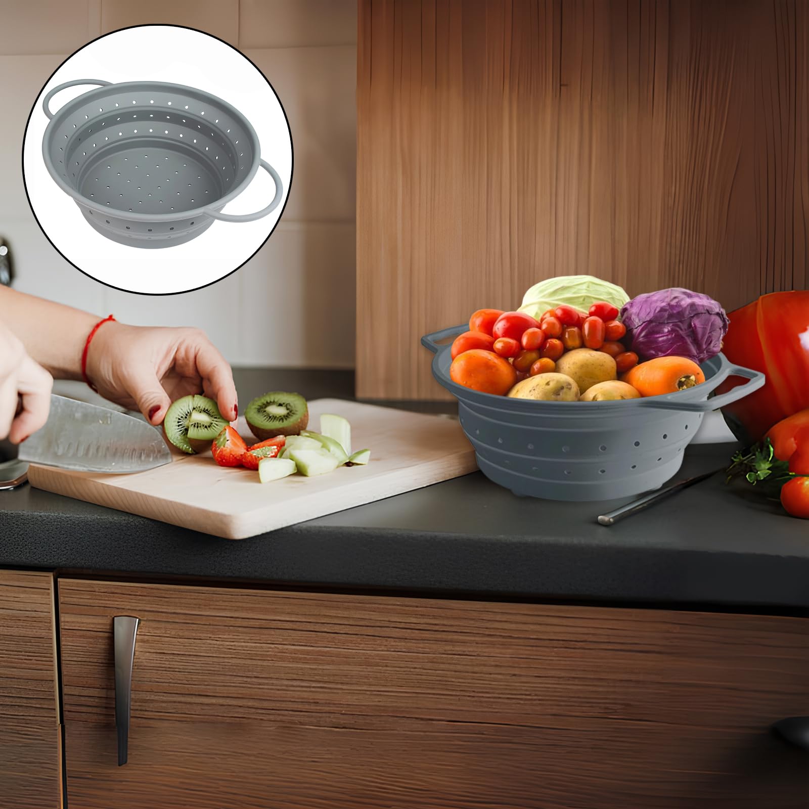 Scolapasta Silicone Pieghevole con Manico, Colino Setaccio da Cucina per Pasta, Verdura e Lavaggio, Cestino Drenante Collapsible, Setacci da Cucina per Pasta, Frutta, Verdura, 26 cm (Grigio)