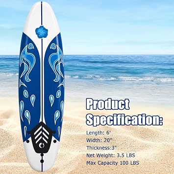 GYMAX Surfboard, 6FT Stand Up Paddle Board with Removable Fins & Safety Leash, Lightweight Non-Slip Paddle Board for Teenagers, Adult, Beginners