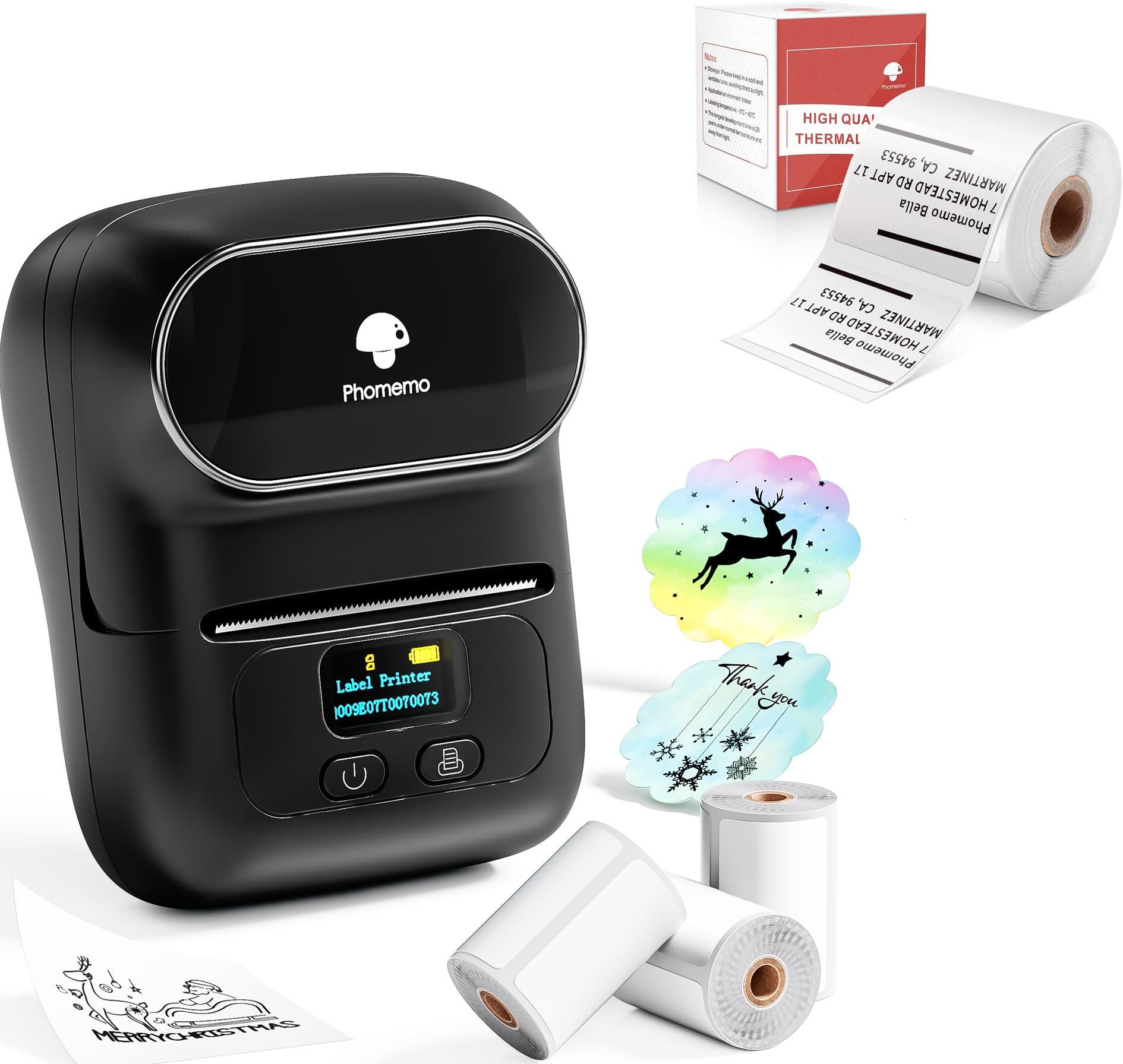 Phomemo M110 Etiquetadora Caja de Regalo con 4 Rollos de Etiquetas, Impresora de Etiquetas Adhesivas Bluetooth térmica portátil, para Uso en la Oficina, códigos de Barras, pequeñas Empresas, Tiendas