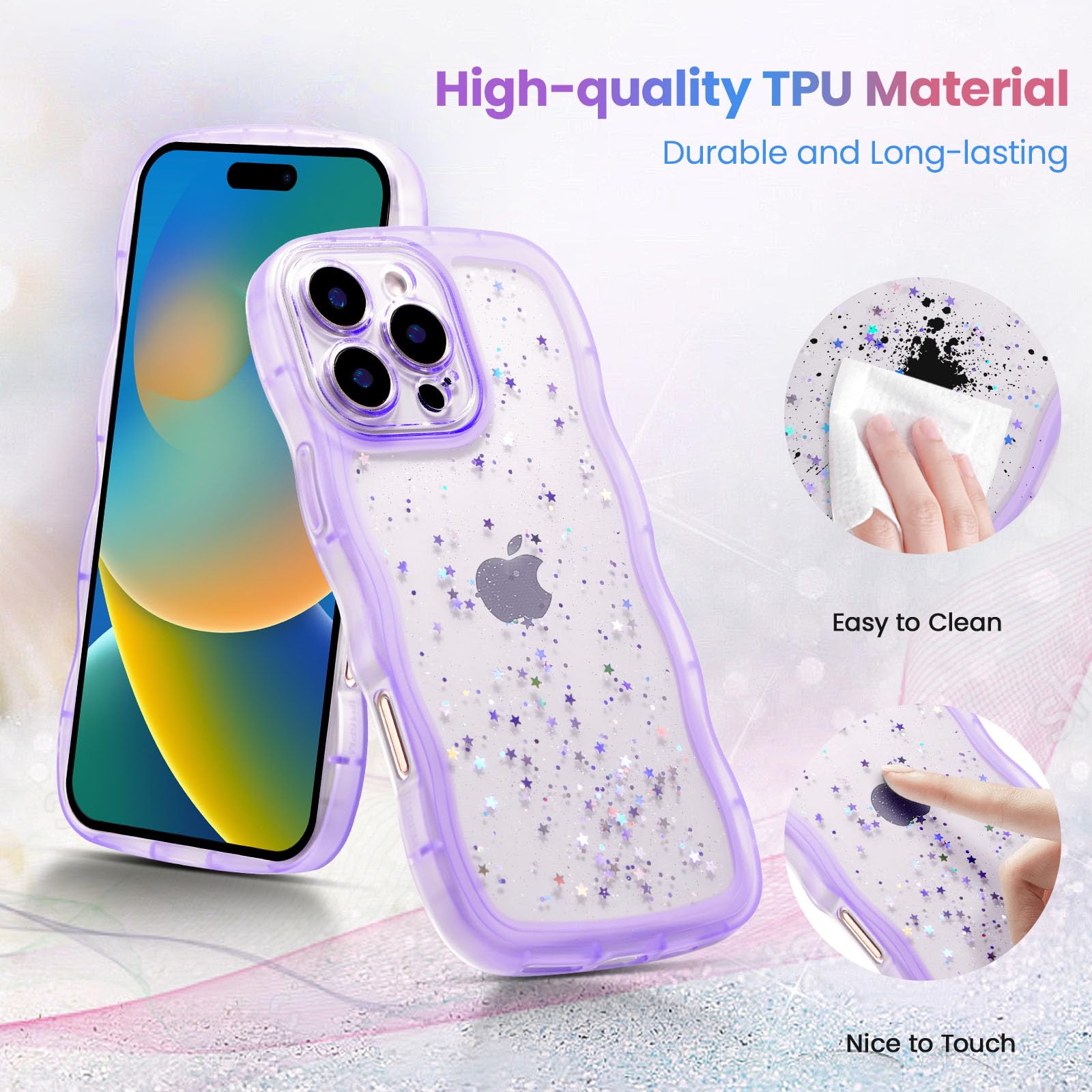 QLTYPRI Compatible with iPhone 16 Pro Max Case,Cute Curly Wave Frame Clear Glitter Case for Girls Women Sparkle Bling Soft TPU Bumper Transparent Shockproof Phone Cover for iPhone 16 Pro Max-Purple - Image 3