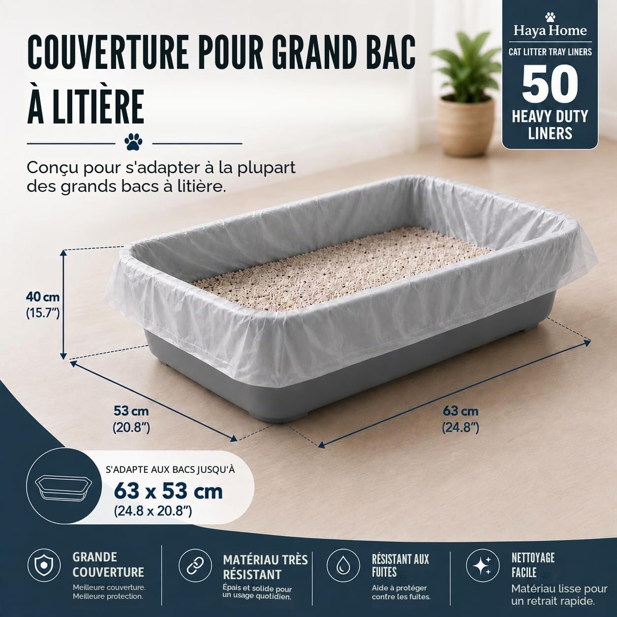HayaHome Eco 50 grands sacs de litière pour chat en rouleau 40 μm 80 x 36 cm résistants aux rayures et respectueux de l'environnement 100 % matériaux recyclés