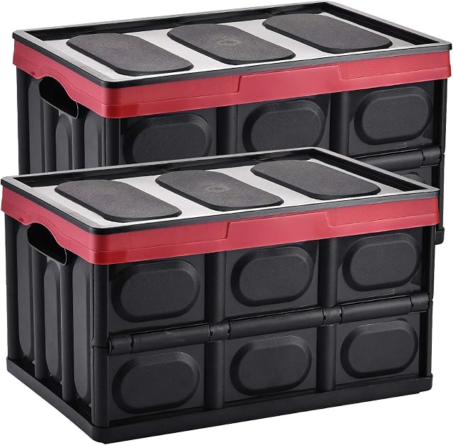 Yorbay 2 Pack Collapsible Storage Box 55L Crate with Lid and Handle, 2 Pack, Plastic Folding Boxes for Home, Garden, Car Boot, Camping and Transport Reusable