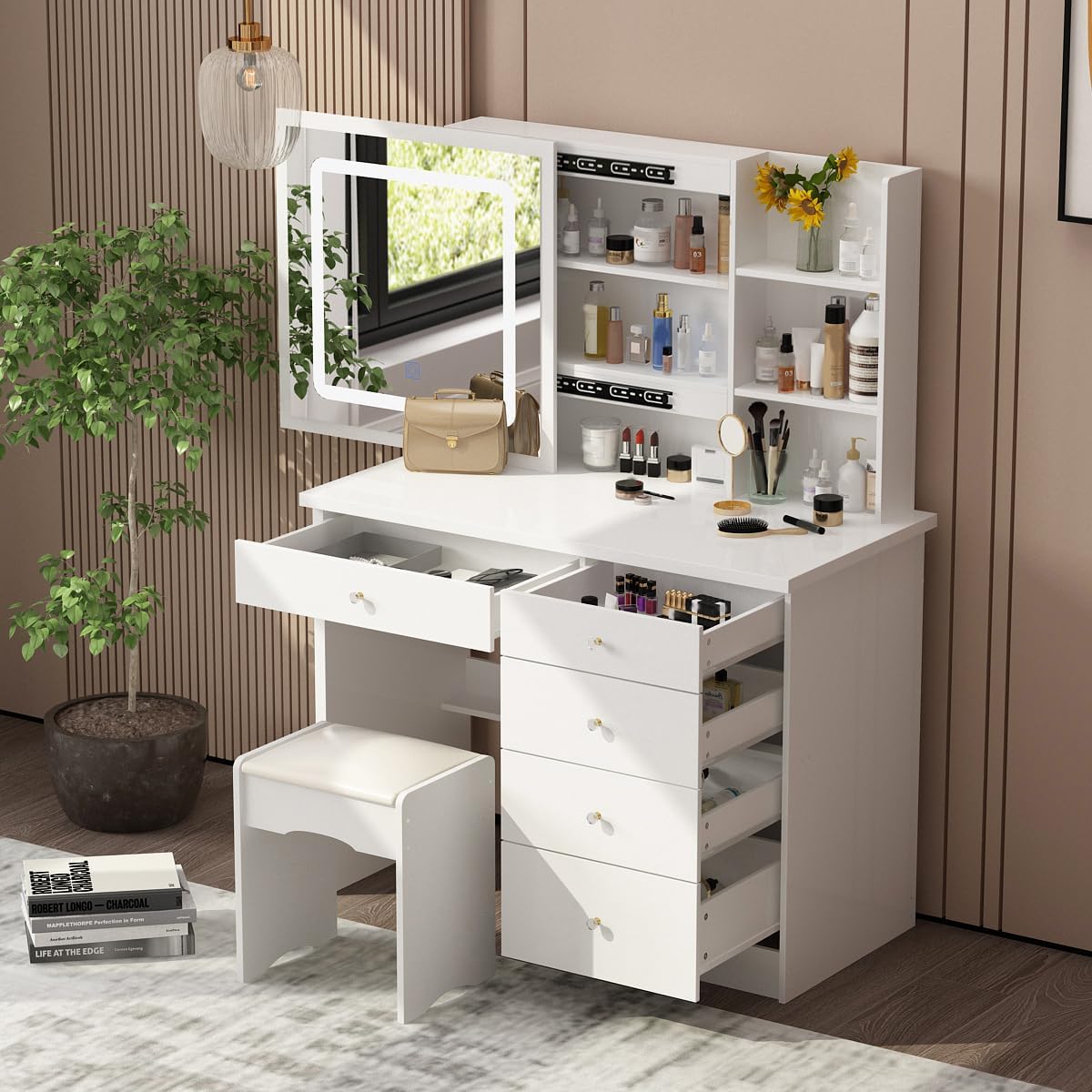 Makeup Vanity Desk with Lights and Sliding Mirror, Makeup Table Set with 3 Colors LED Light, 5 Drawers, Shelves & Stool, White Dressing Table Girls Vanity Desk for Bedroom