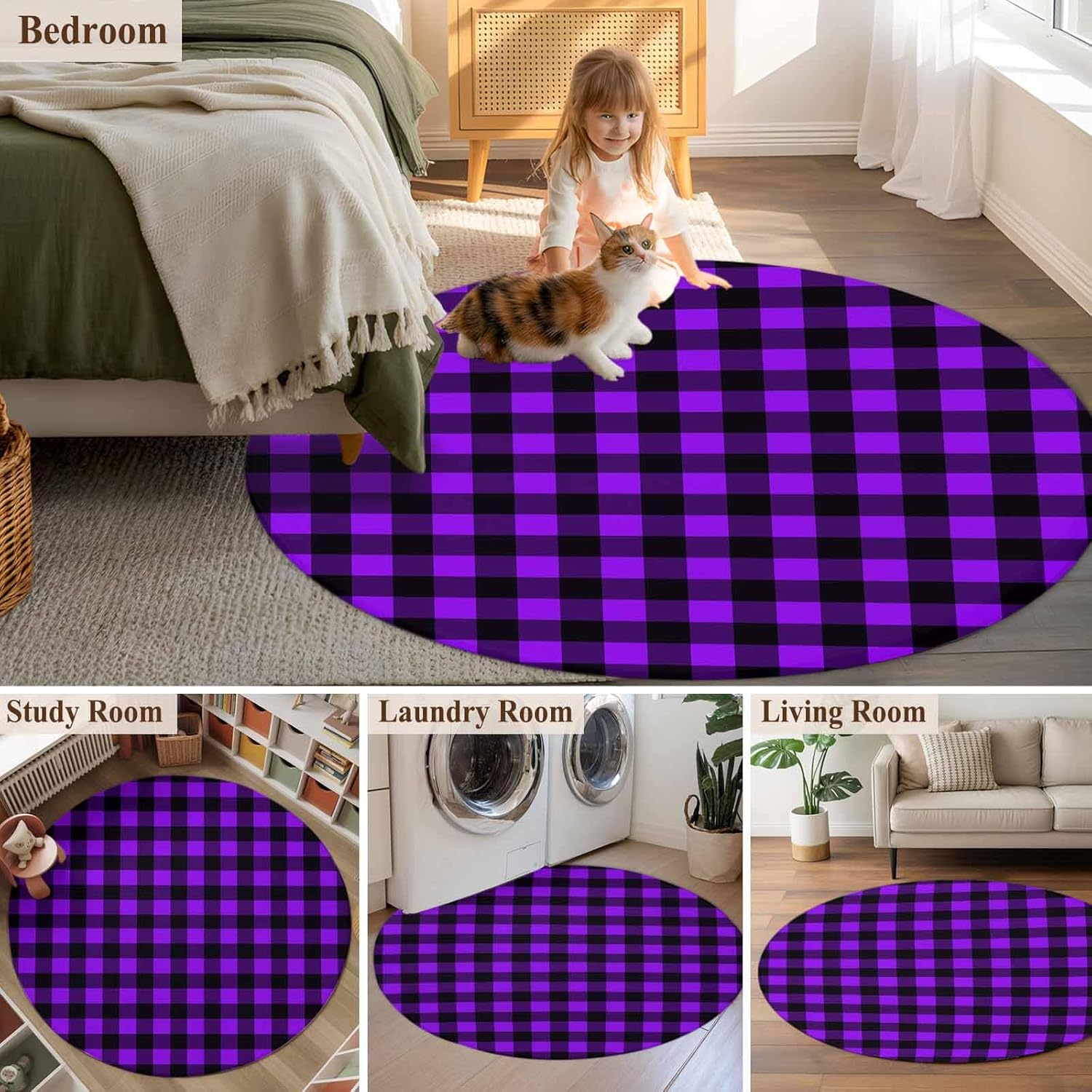 DecorLovee Small Round Rug 3Ft Washable Non-Slip, Black Purple Plaid Circle Area Rugs for Living Room Bedroom, Farmhouse Simple Buffalo Checked Indoor Floor Mats Carpet Runner for Home Decor
