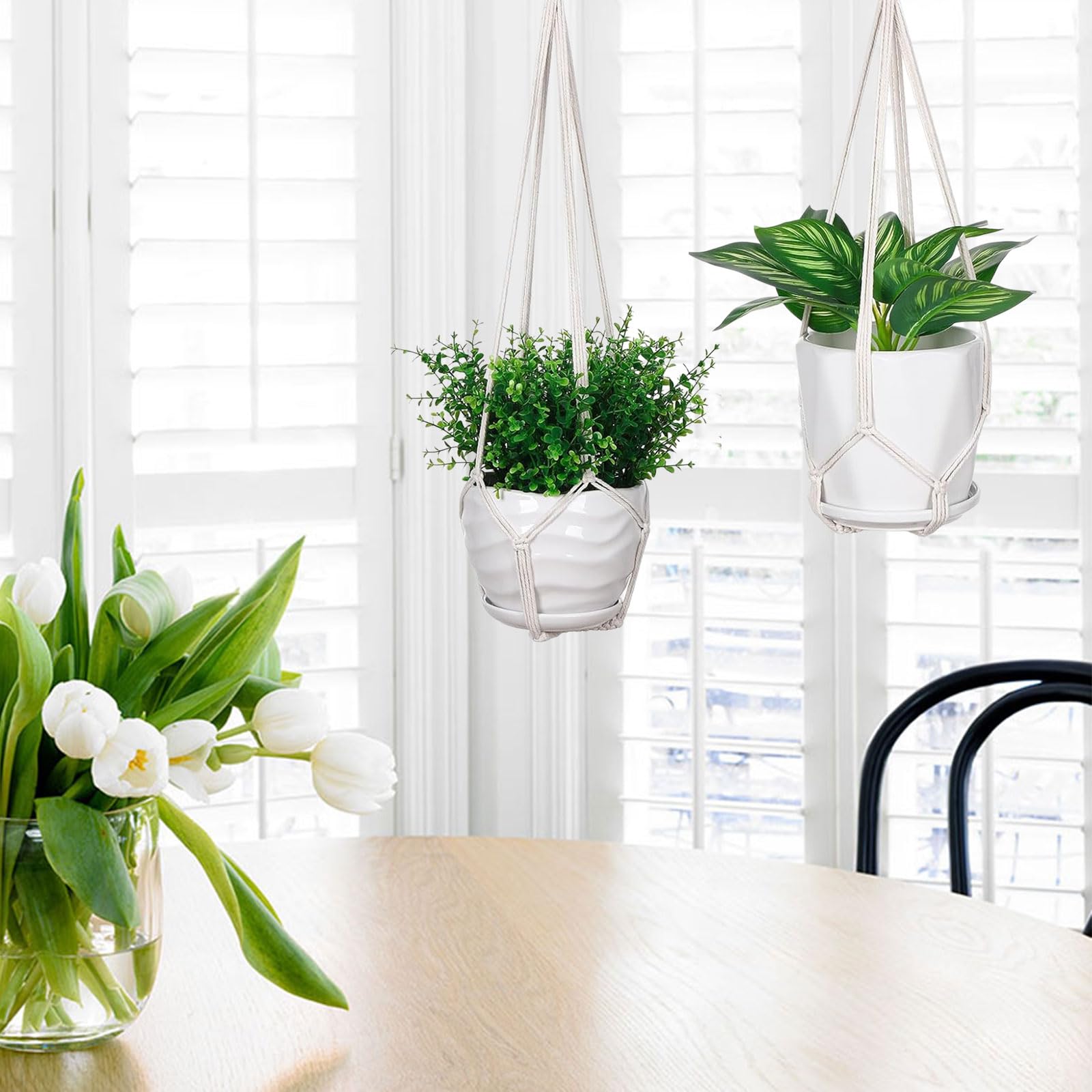 Suspensions pour Plantes en Macramé Lot de 3, Crochets Inclus, Support Intérieur Extérieur, Style Boho, Ivoire
