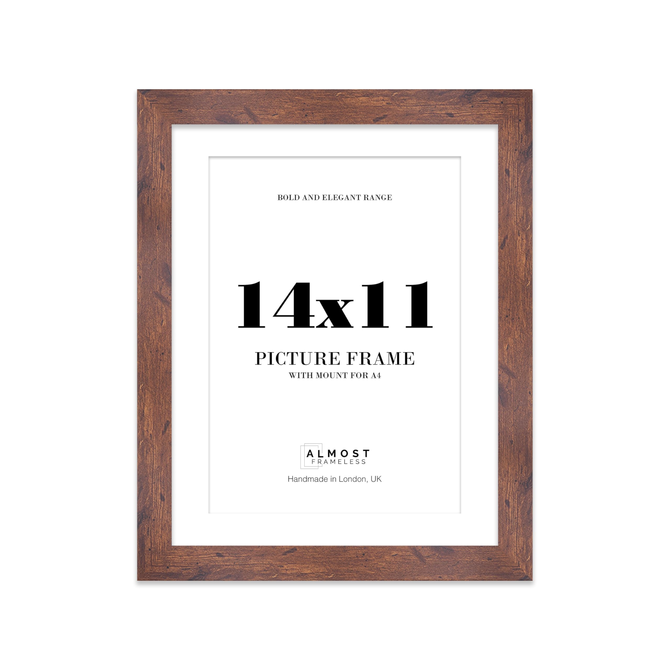 14x11 Rustic Wood Frame With Mount for A4 Pictures 28mm Edge Portrait and Landscape Display with Wall Hooks and Kickstand, 1 Pack