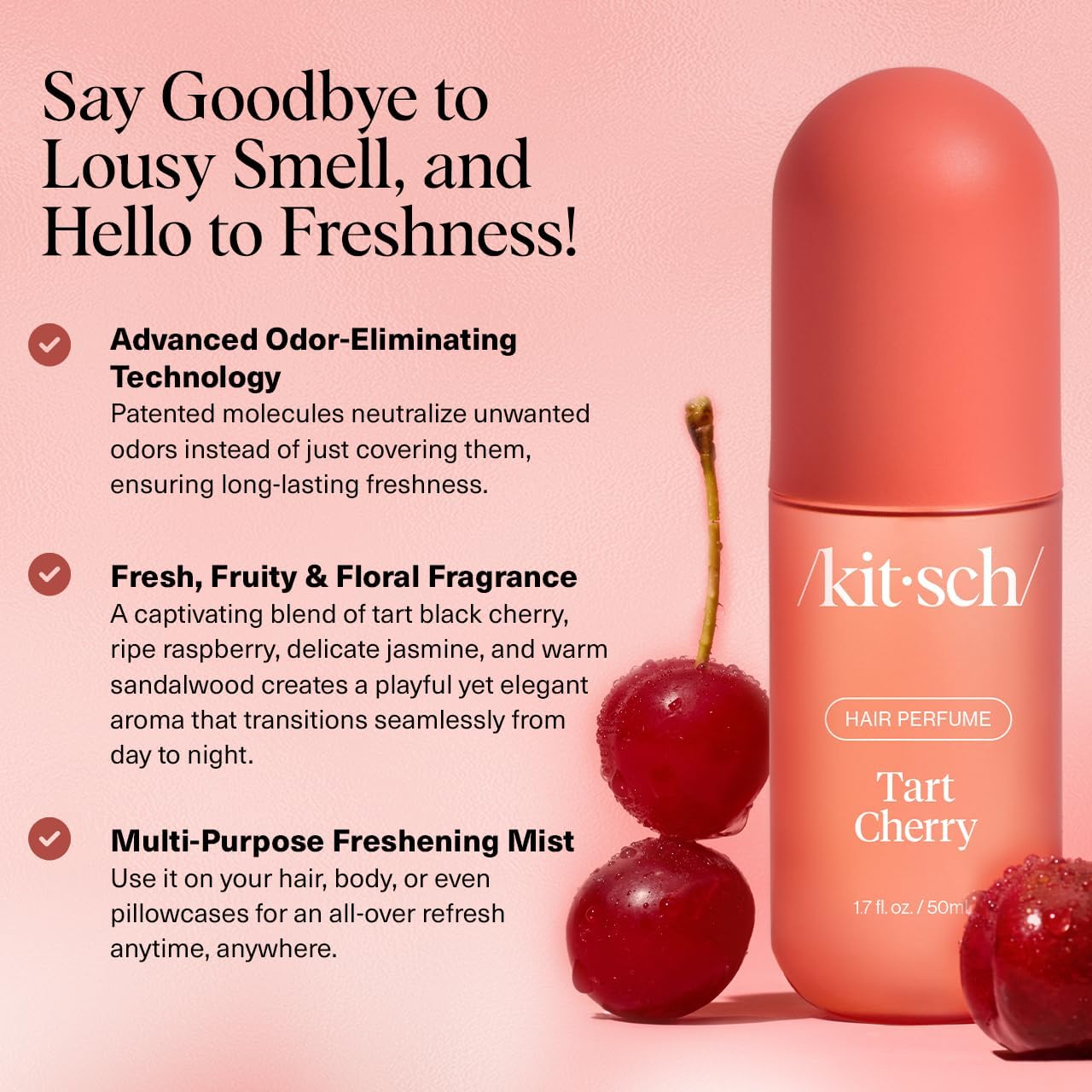 Kitsch Hair Perfume for Women - Tart Cherry | Clean, Deodorizing & Patented Odor-Eliminating Technology Hair Spray & Body Mist - Freshen Hair, Body & Pillows - Fruity Gourmand Scent & Vanilla - 50mL | For Women, Clean, Deodorizing, Freshen Hair, Body - Image 2