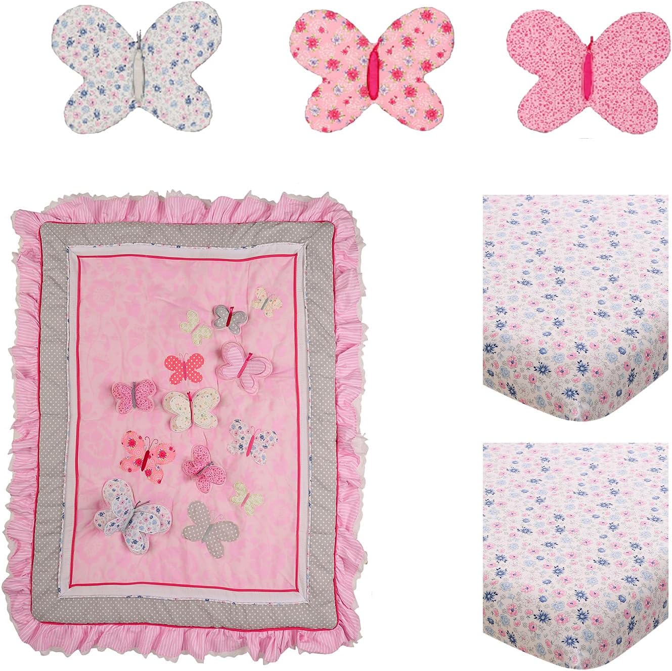Butterfly Nursery Crib Bedding Set for Girls 6 PicesPink Butterfly Baby Girl Cot Bedding Set Quilt/2 Fitted Sheet/Wall Decor28'' x 52''