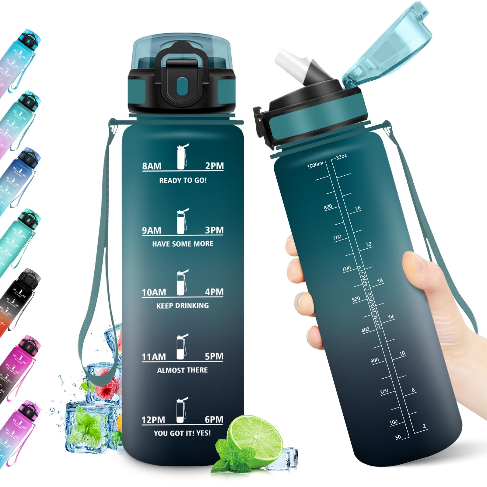 Borraccia 1L, Bottiglia con Indicatore del Tempo Motivazionale, Bottiglia con Cannuccia, Riutilizzabile, senza BPA, A Prova di Perdite, per Fitness, Scuola, Ufficio, Ciclismo, Alpinismo, Yoga