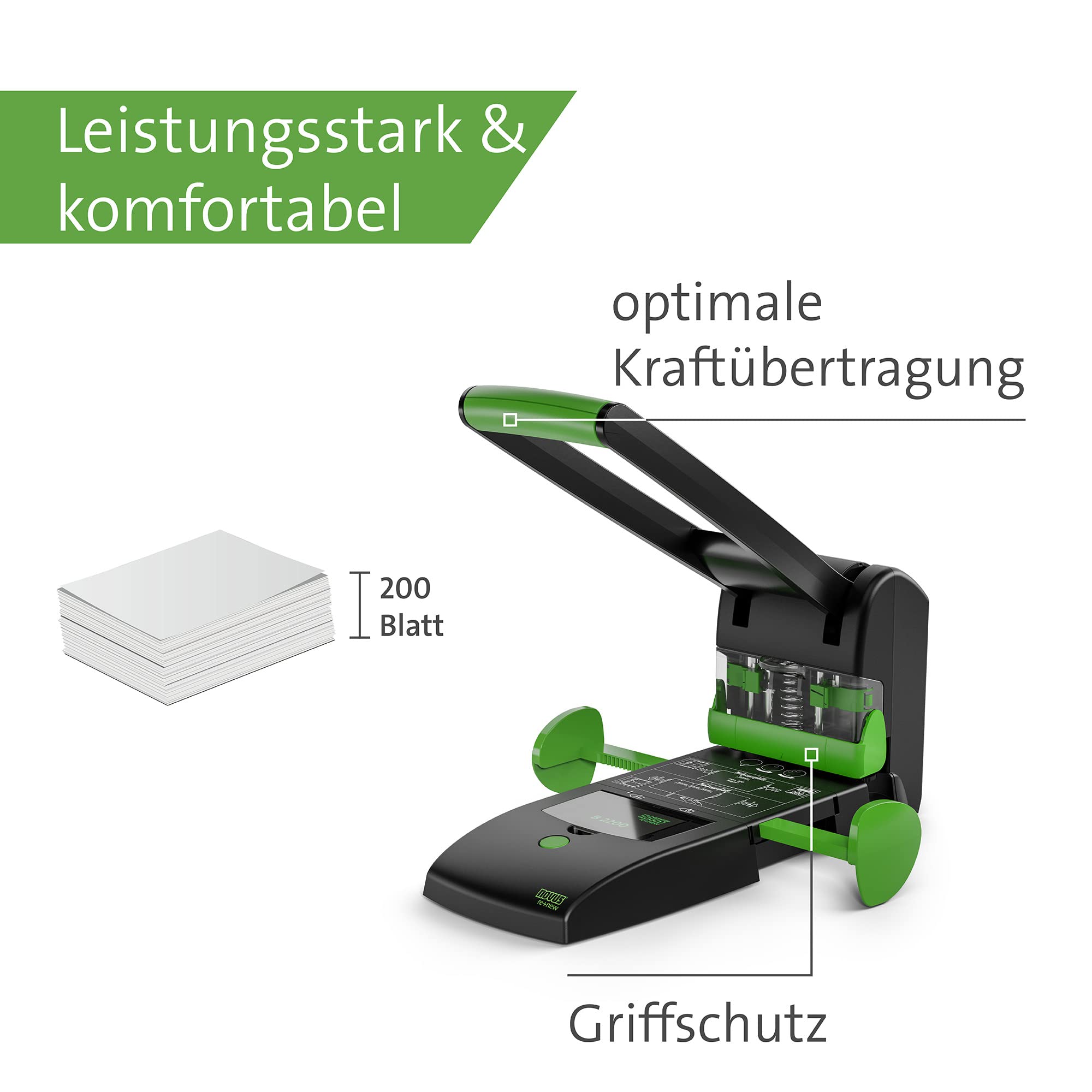 Novus B 2200 re+new Blocklocher, 200 Blatt, schwarz-grün | Zwei- und Vierfach-Lochung, Vollmetallgerät mit Kunststoffummantelung aus 71% recyceltem Kunststoff