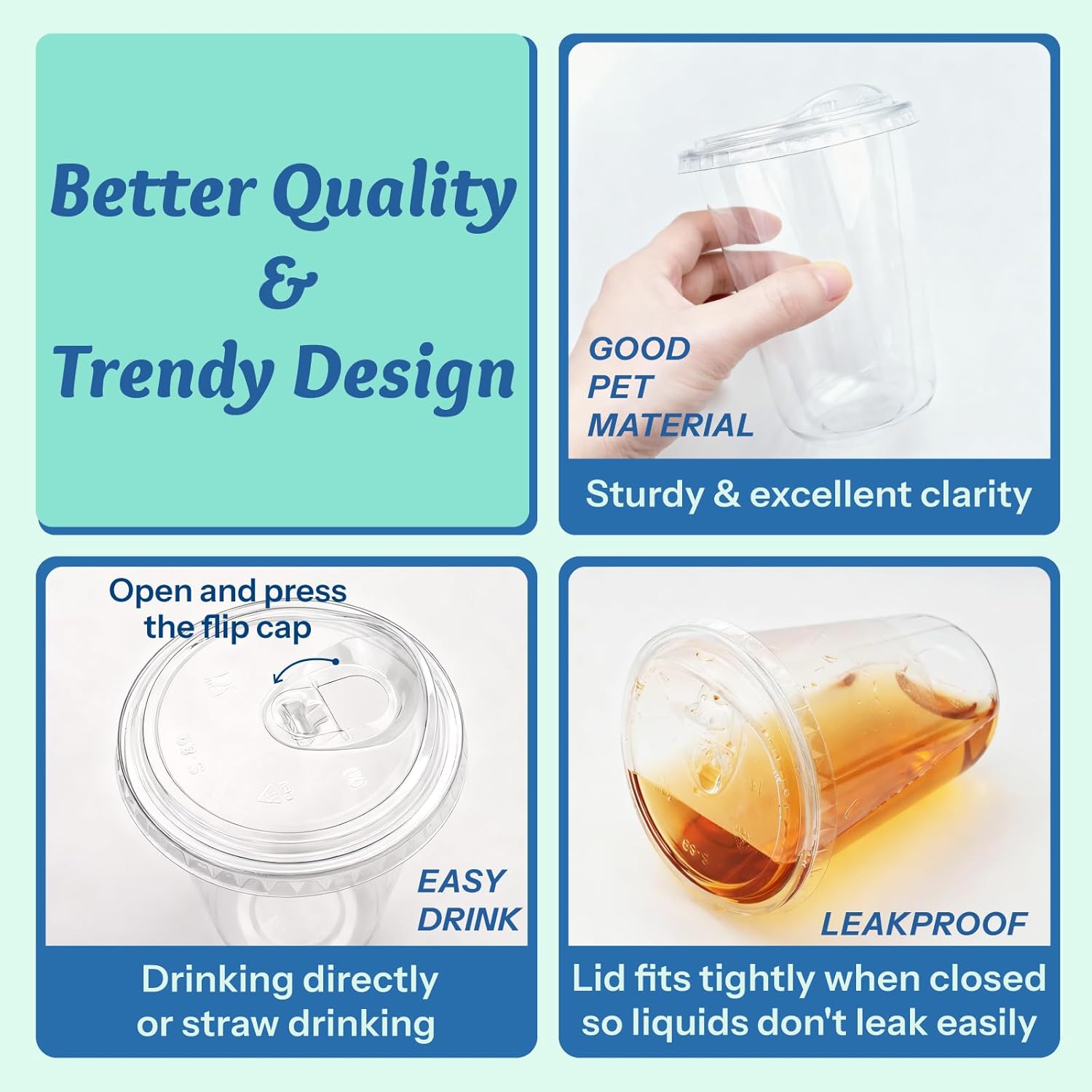 Homestockplus 15 oz Clear Plastic Cups with Lids (100 Pack) - Strawless Sip Lids, Leak-Proof & BPA-Free Iced Coffee Cups - Disposable Cold Drink Cups for Smoothies, Milkshake, Parties, Events