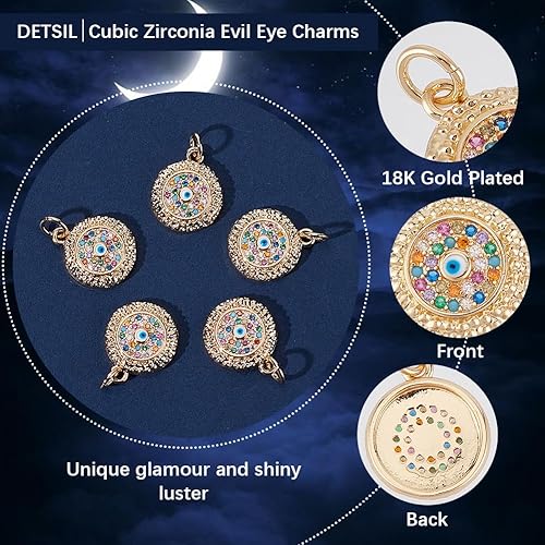 Miniatura 21 de Beebeecraft 5Pcs/Box Evil Eye Charms 18K Gold Plated Brass Flat Round with Blue Cubic Zirconia Turkish Evil Eye Pendants Jewelry Making Findings for