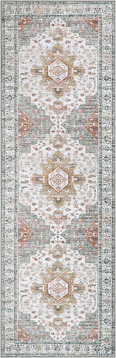 Moynesa Ultra-Thin Washable Runner - 2'6" x 8' Hallway Rug, Kitchen & Bathroom Carpet, Vintage Printed Low Pile Entryway Runner for Apartment, Camper, RV, Beige/Gold - Image 7