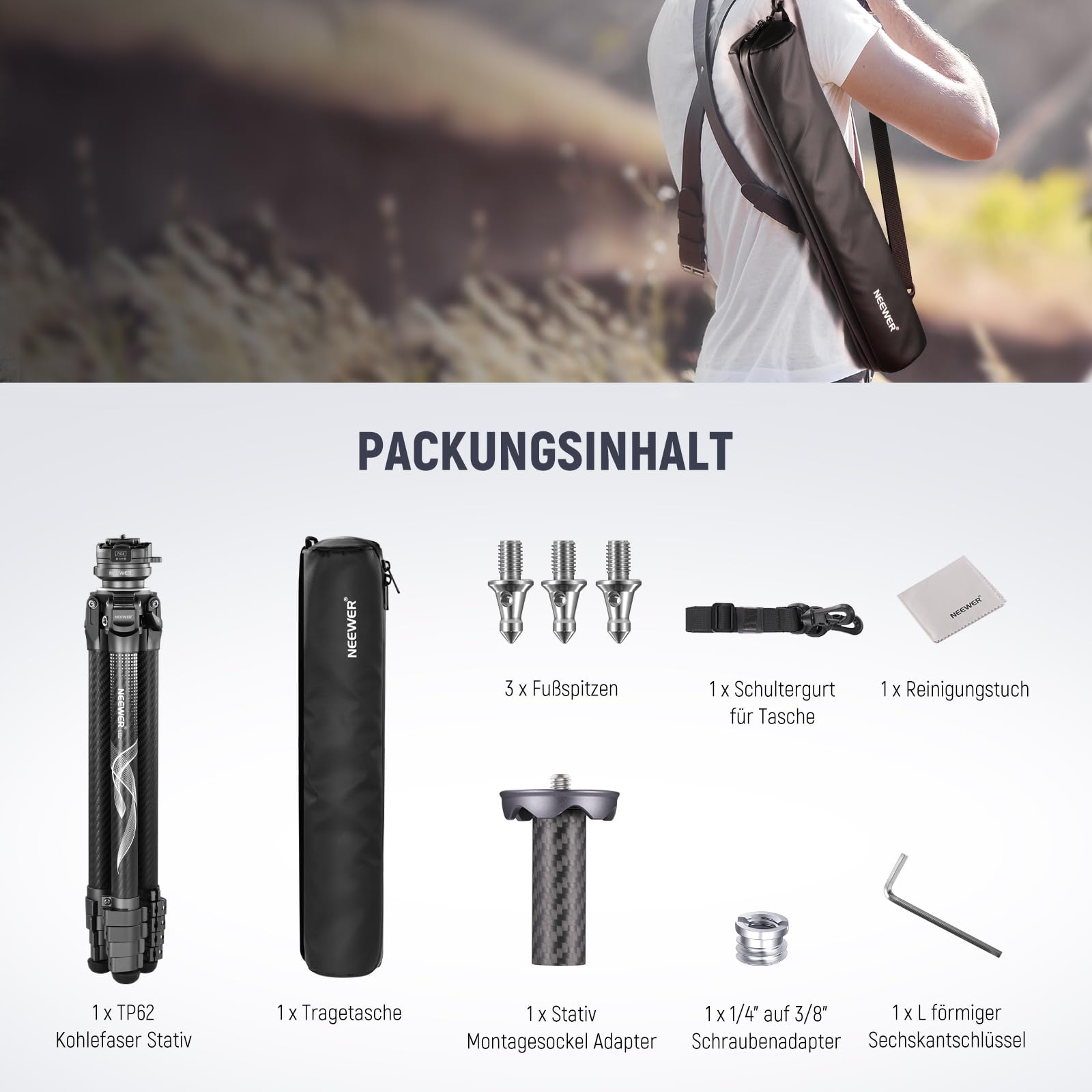 NEEWER LITETRIP LT32 Kamera Reisestativ, tragbarer Ständer aus Carbonfaser, Kugelkopf mit Mittelachse Klappverschluss Reinigungstuch Arca QR Platte kompatibel mit Peak Design Capture V3 (ehemals TP62)