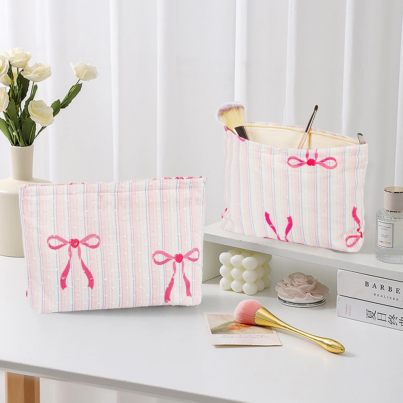 Large Makeup Bag for Purse Pink Stripe Bow Cosmetic Bag for Women Girls Cute Pink Bowknot Canvas Travel Toiletry Bag Organizer - Image 2