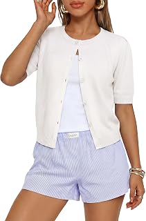 GRACE KARIN Short Sleeve Cardigans for Women, Spring Cropped Cotton Sweaters, Trendy Crew Neck Button Up Tops Casual