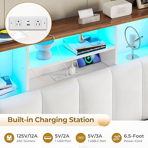 Miniatura 4 de VIAGDO Base de cama Queen con cabecera de estantería, marco de cama de madera tamaño Queen con estación de carga, 4 cajones de almacenamiento y