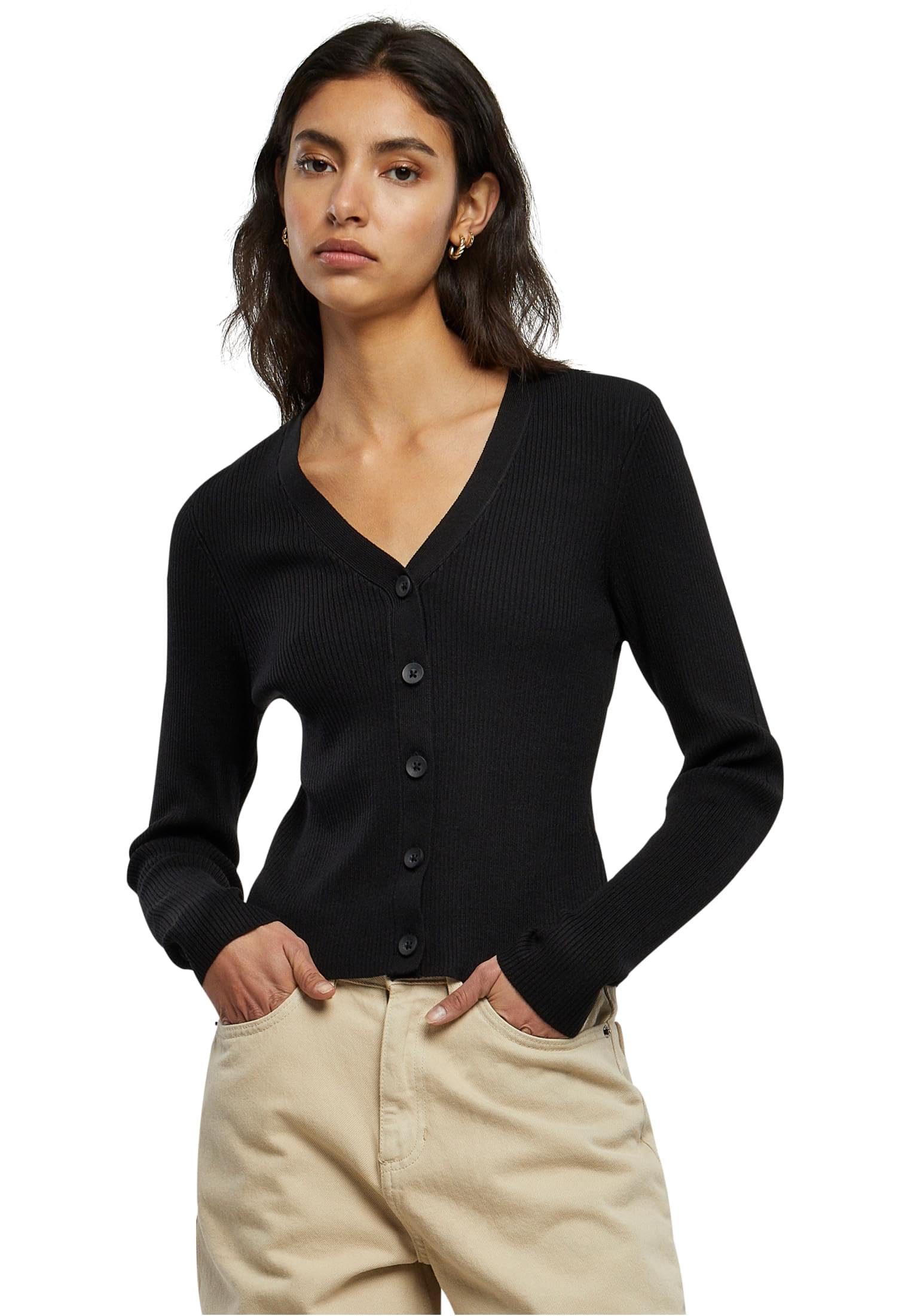 Urban Classics Women's Black Short Rib Knit Cardigan Sweater, M
