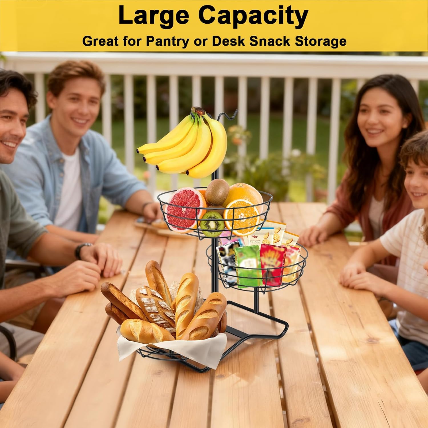 3 Tier Fruit Basket Bowl with 2 Banana Hooks, Solid Metal Standing Vegetable Storage for Kitchen Counter, Large Capacity Organizer for Bread Snack Produce (Black) - Image 8