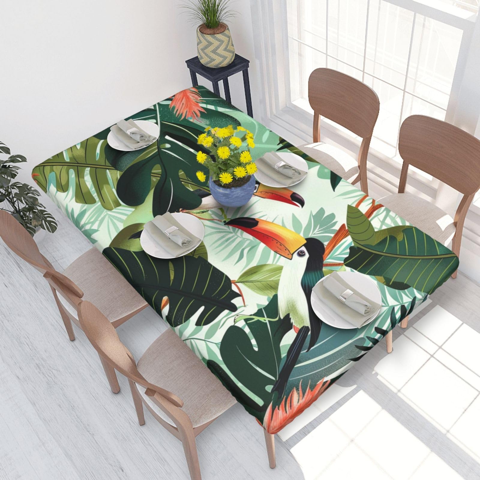 WPKJU Tropical Leaves Bird Printed Tablecloths 4ft Rectangular Table Covers Washable Polyester Decorative Table Cloth for Dining Table Picnic Wedding