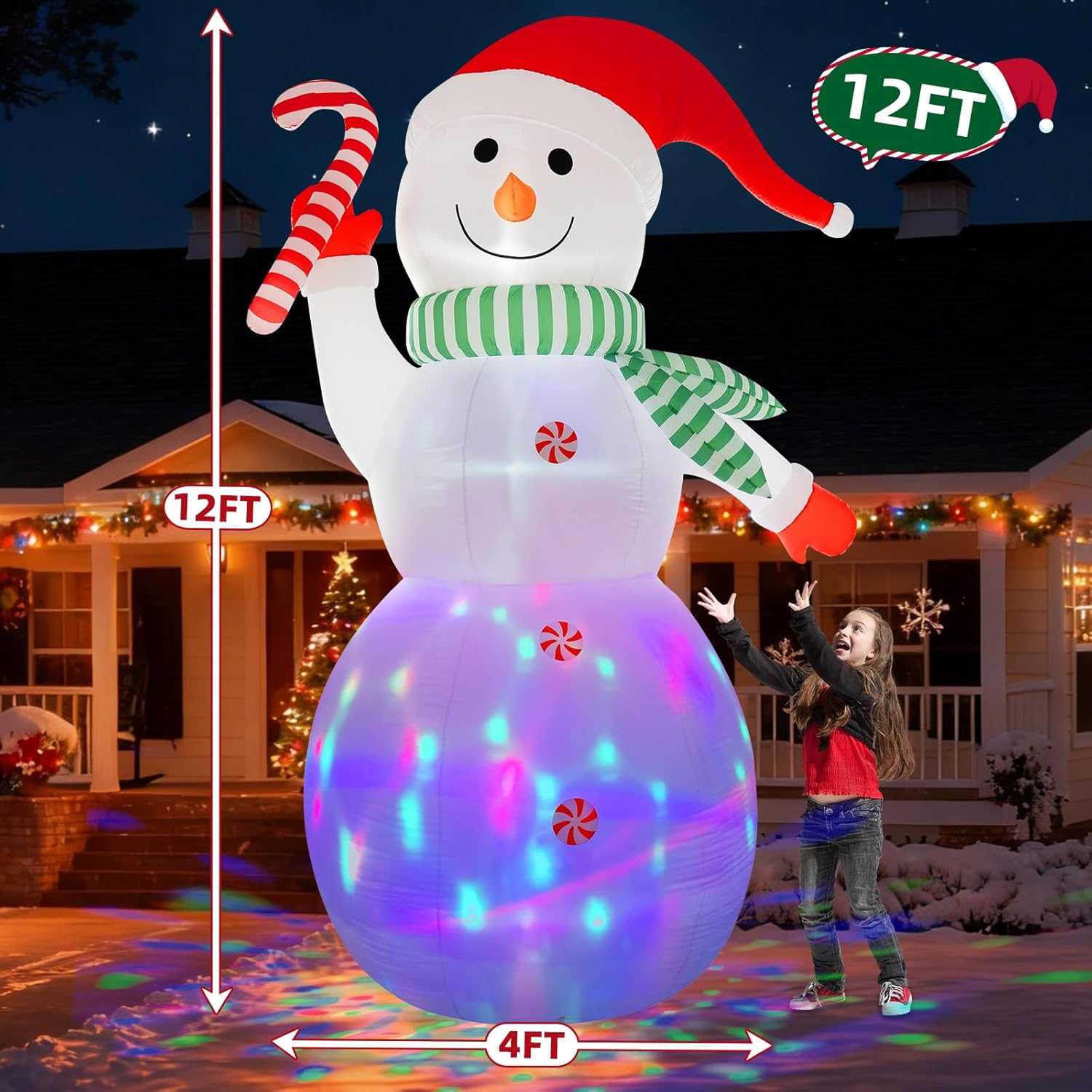 B&D 12FT Giant Christmas Inflatables Snowman Outdoor Decorations, Christmas Blow Up Snowman Inflatables Yard Decoration with Rotating Colorful LED Lights for Holiday Party Garden Yard Outdoor Decor