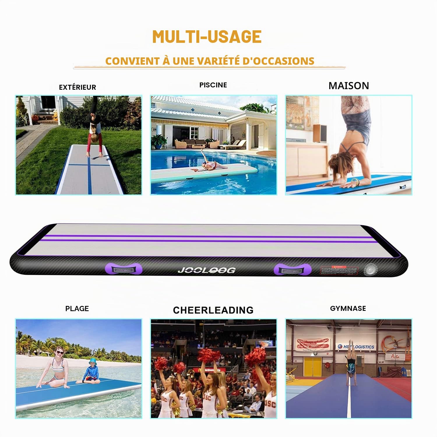 Tapis de gymnastique gonflable 2 m, 3 4 5 6 m avec pompe à air électrique 650 W pour pom-pom girl, gymnastique, plage, parc, utilisation la maison, violet et noir, violet/noir, 300*100*10cm