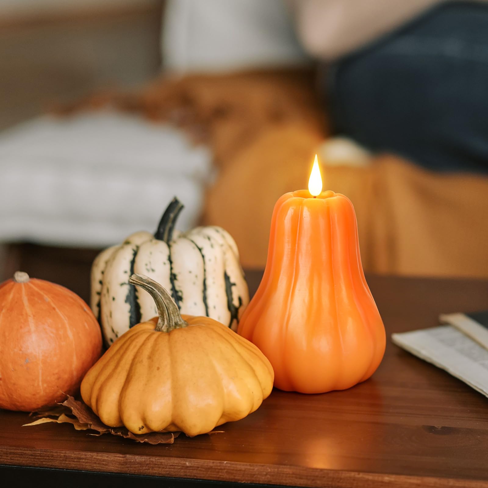 Confezione da 1 candela a forma di zucca senza fiamma, candela LED tremolante, candela a batteria, vera cera, decorazione per la casa, Halloween, Ringraziamento e autunno, candele senza