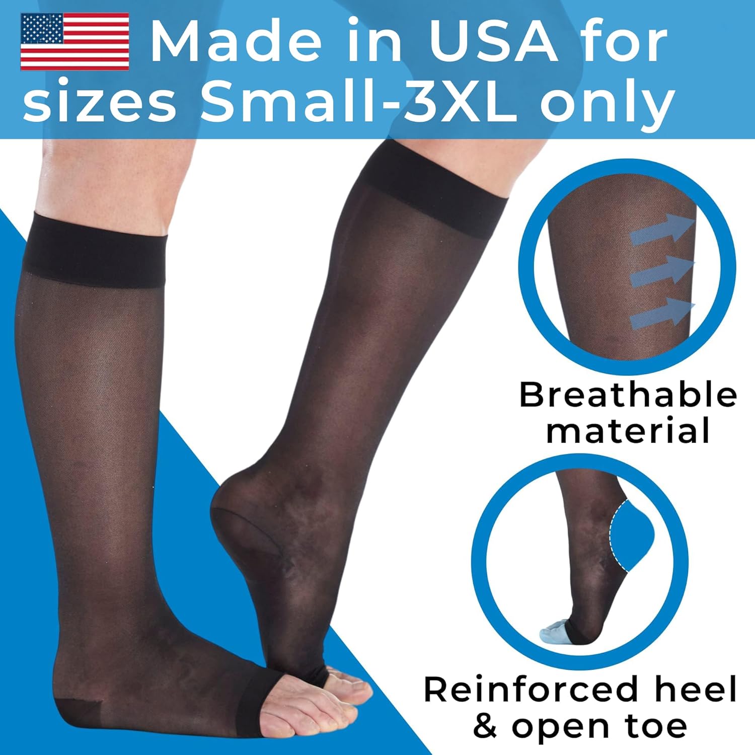 (3 Pairs) Made in USA - Open Toe Sheer Medical Compression Socks for Women 15-20mmHg