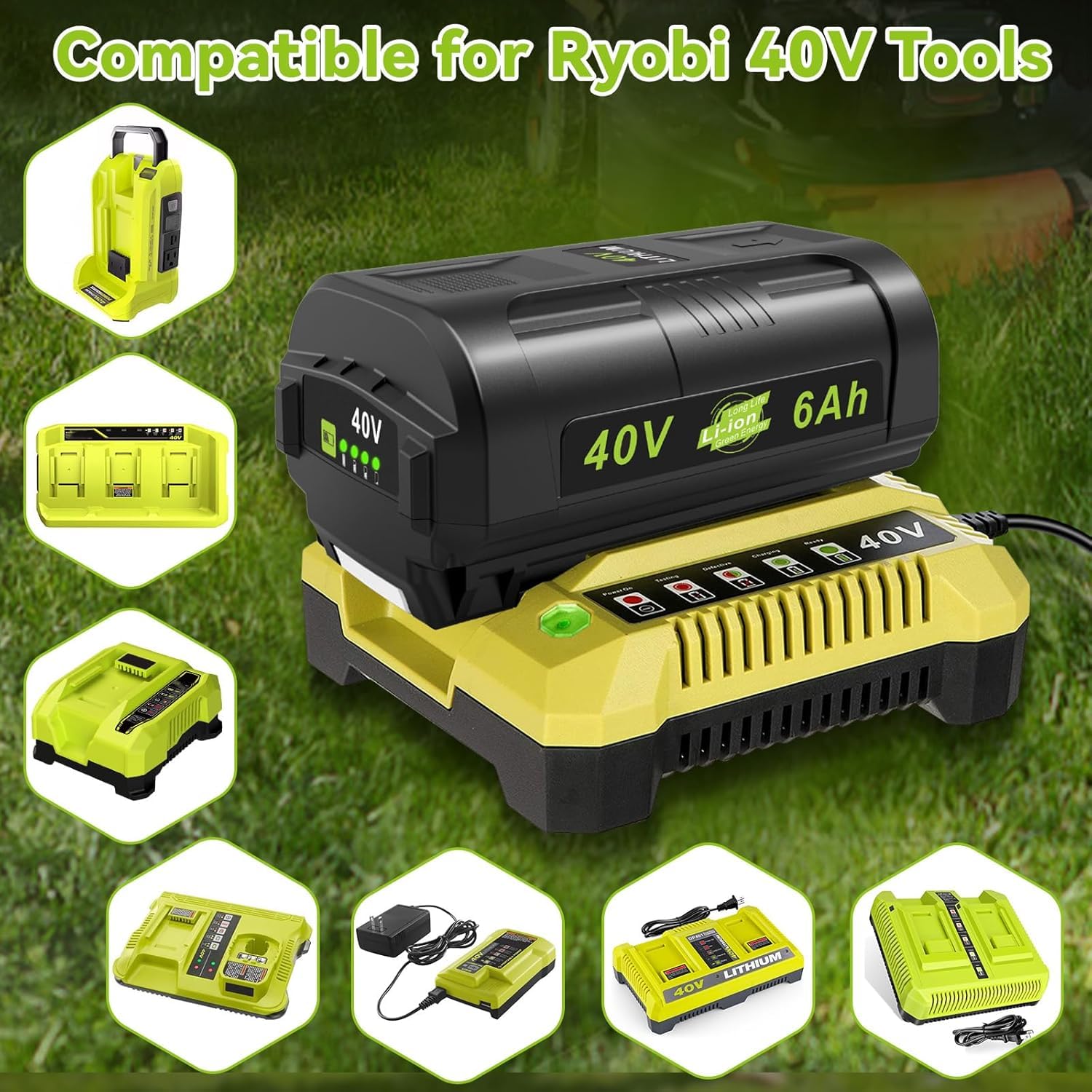 Compatible con batería Ryobi de 40 V, 6.0 Ah, 2 unidades, OP4060, OP401, combo de cargador de alta capacidad, fuerte potencia para Ryobi 40 V batería y cargador, cortacésped, sopladores de hojas para