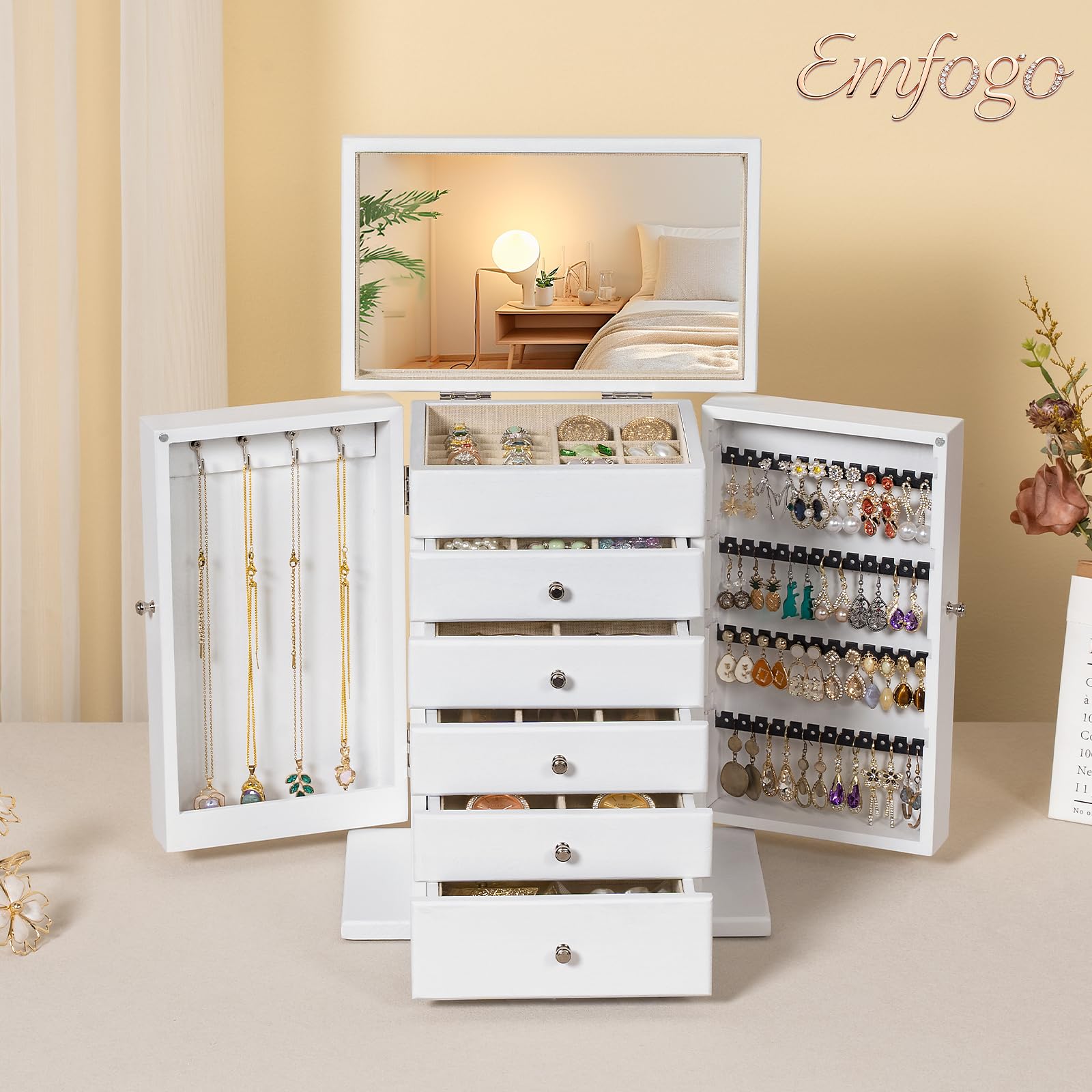 Schmuckkästchen, 6 Ebenen Schmuckaufbewahrung für Damen, Rustikales Holz Groß Schmuckkasten Organizers mit Spiegel, Schmuckbox für Ringe, Ohrringe, Armbänder, Halsketten (Weiß)