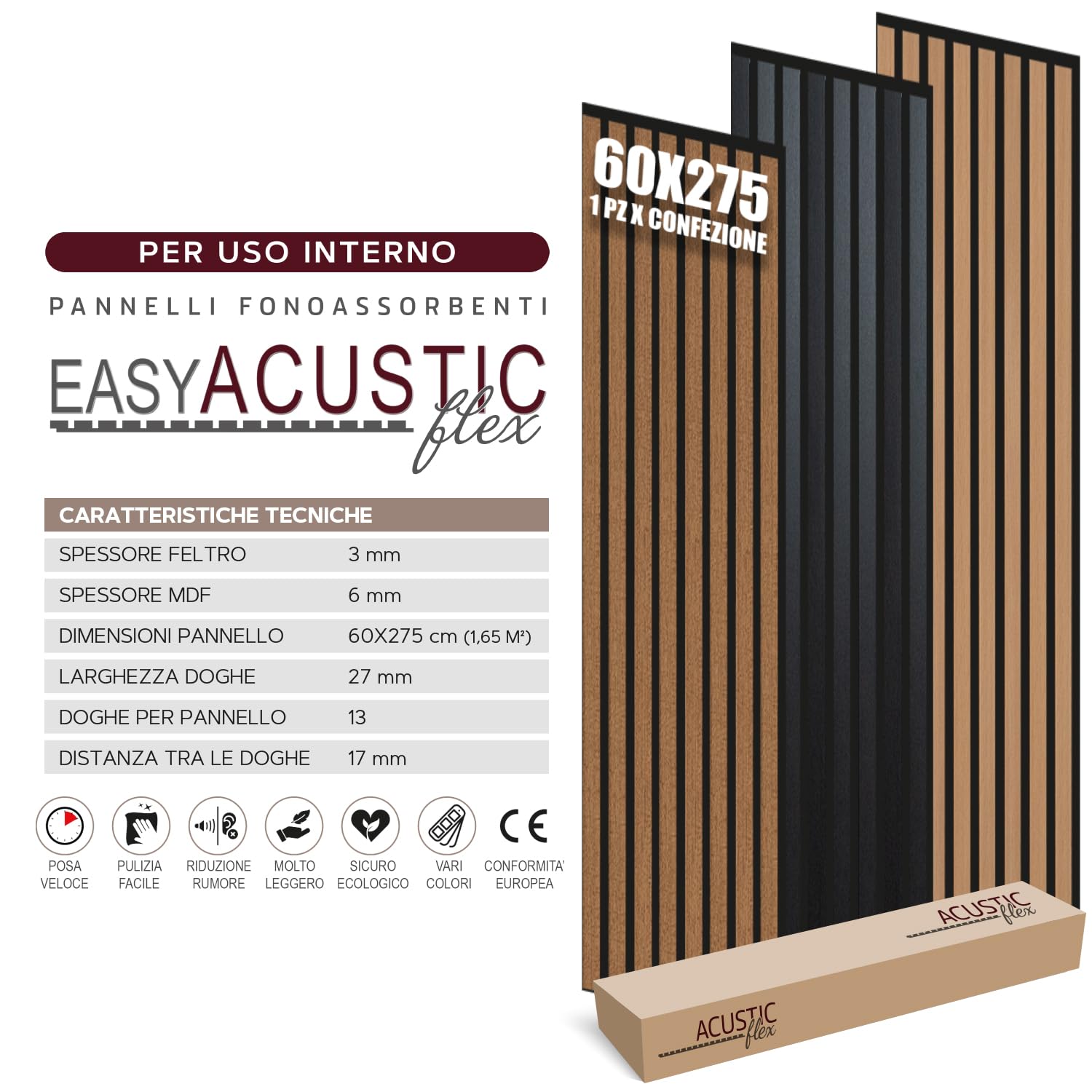 MASTERBRICO Pannello Fonoassorbente Decorativo Effetto Legno 275x60 cm – 1,65 mq per Pacco, Pannello Insonorizzante in MDF per Isolamento Acustico di Soffitto e Pareti, Spessore 6 mm (ROVERE)