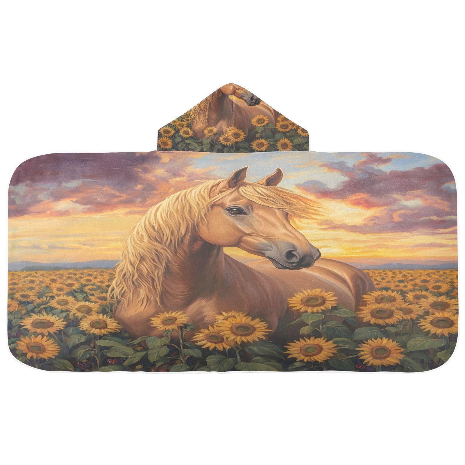 Kigai Horse Sunflowers Hooded Beach Towel for Kids Soft Absorbent Quick Dry Bath Towel with Hood Lightweight Toddler Shower Pool Bath Wrap for Boys Girls
