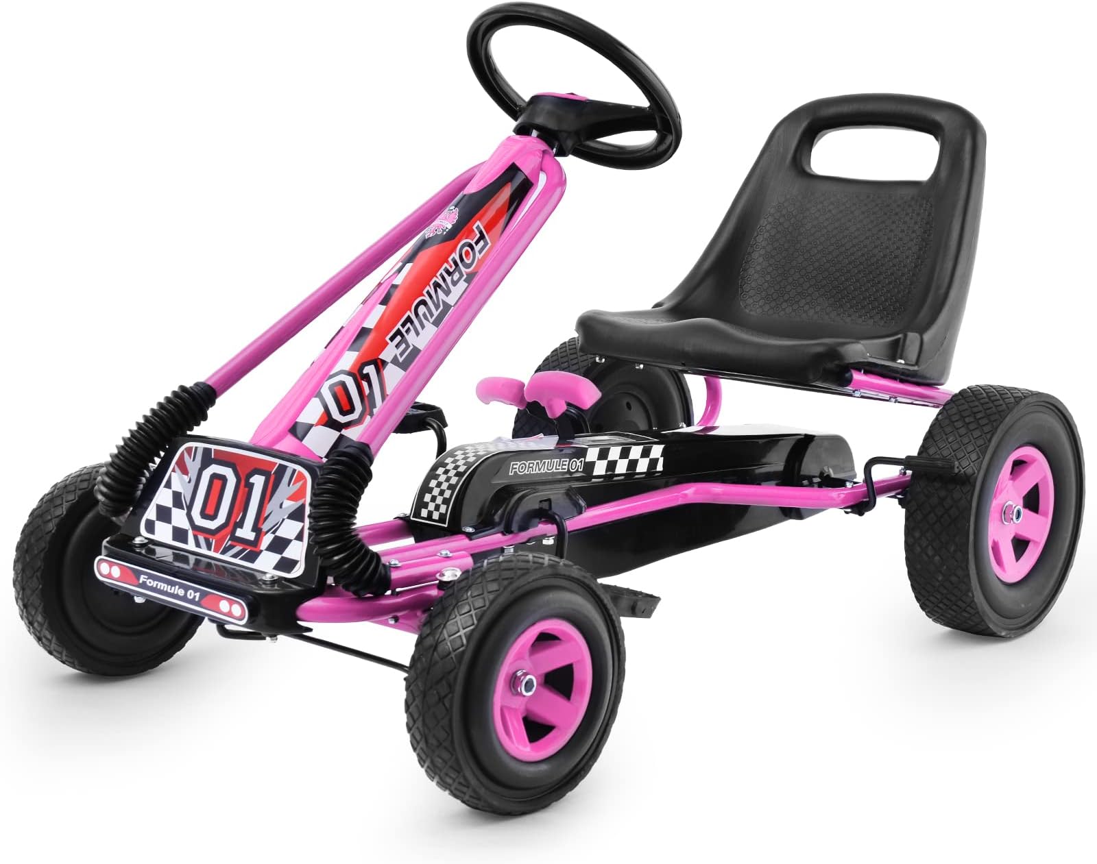 Costzon Go Kart for Kids, 4 Wheel Off-Road Pedal Go Cart w/Adjustable Seat, Steering Wheel, 2 Safety Brakes, EVA Rubber Tires, Ride-On Toys, Outdoor Racer Pedal Car(Pink, 40" L x 24''W x 24.5''H)