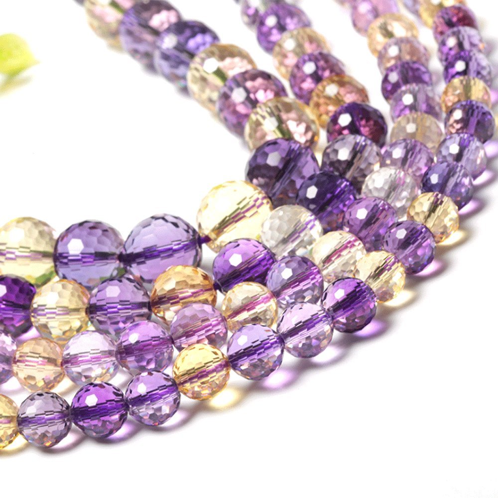 Cuentas redondas de cristal facetado de color morado y amarillo de 15 pulgadas (12 mm)