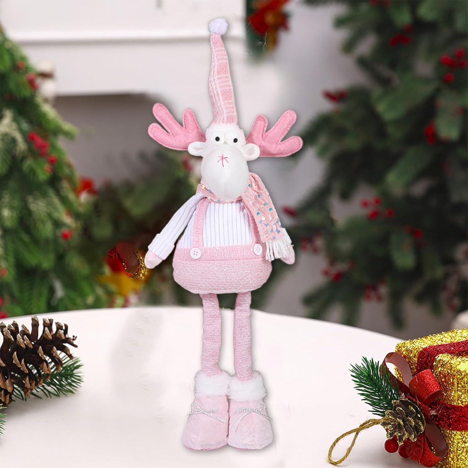 Pink Stractable Christmas Figurine 21.6inch Large Size Plush Santa Claus Snowman Reindeer Decorations with Extendable Legs Classic Xmas Characters Standing Figure for Home Table Shelf Fireplace (B)