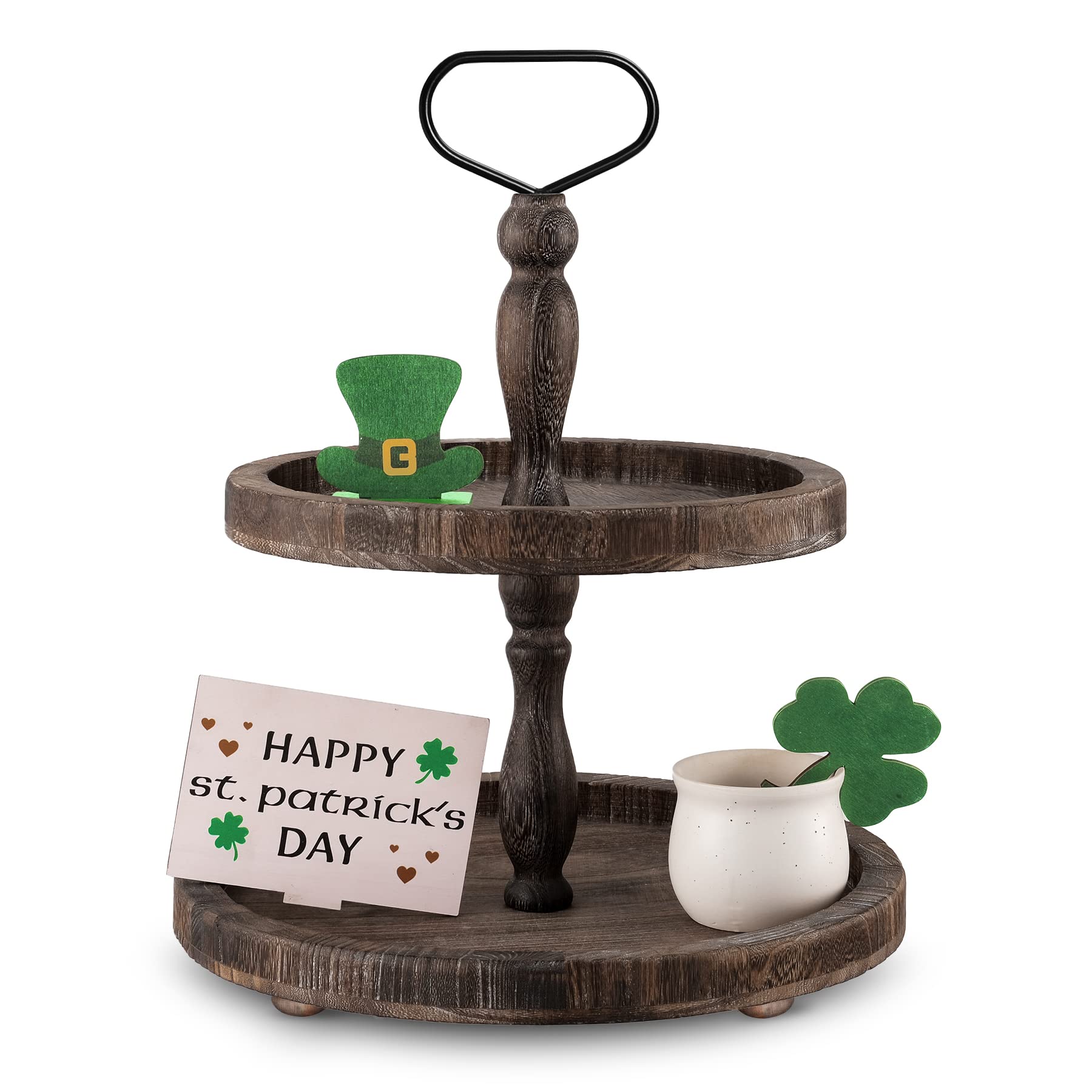 Mustry Rustic Wooden 2 Tiered Tray, Round Farmhouse Kitchen Table Decor Serving Tier Tray, Food Fruits Cupcake Display Coffee Bar Home Party Seasonal Decorations (Brown)