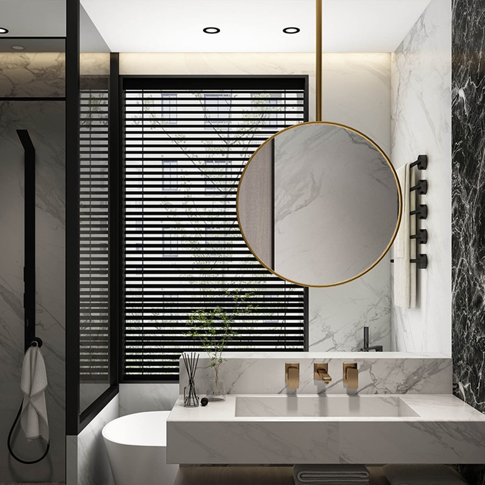 Large Round Hanging Mirror, Gold Frame Wall Mirror Metal HD Ceiling Rod Mirror for Makeup Bathroom Living Room Decorative Simple Mirror (Size : Diameter-70CM/27.6INCH)