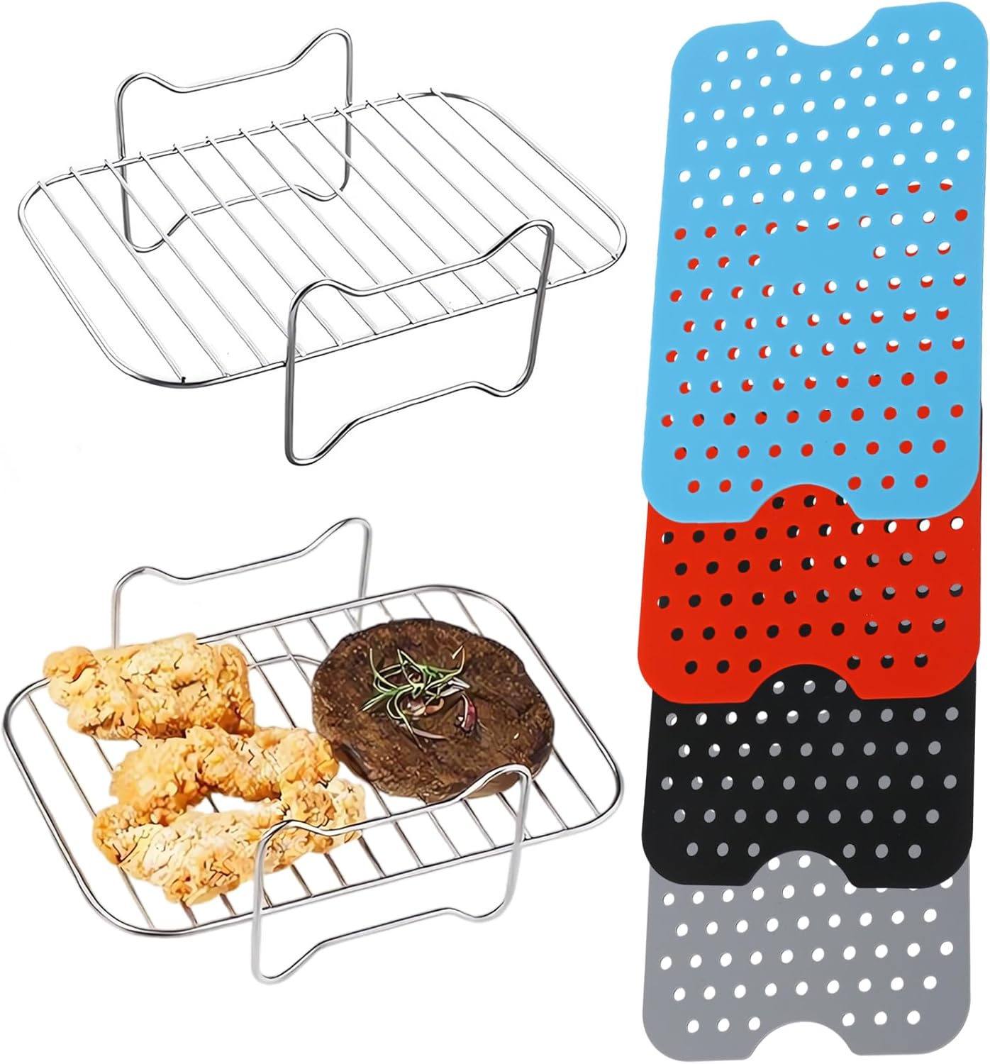 Dual Zone Air Fryer Accessories, 2pcs Air Fryer Rack Set with 4 Reusable Silicone Liner Sheets for Double Basket, 6pcs Accessories for Ninja Dual 2 Basket Air Fryer 10 QT DZ401 & 8 QT DZ201