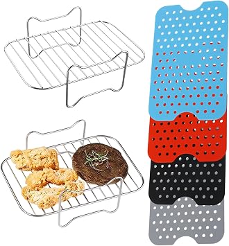 Dual Zone Air Fryer Accessories, 2pcs Air Fryer Rack Set with 4 Reusable Silicone Liner Sheets for Double Basket, 6pcs Accessories for Ninja Dual 2 Basket Air Fryer 10 QT DZ401 & 8 QT DZ201