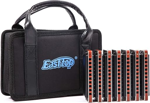 Harmonica Set 12 key Blues Harp 008K Professional Diatonic Harmonicas 10 Holes 20 Tones Harmonica for Professional Player,Beginner,Students with Black Gift Bag (Black-7keys)