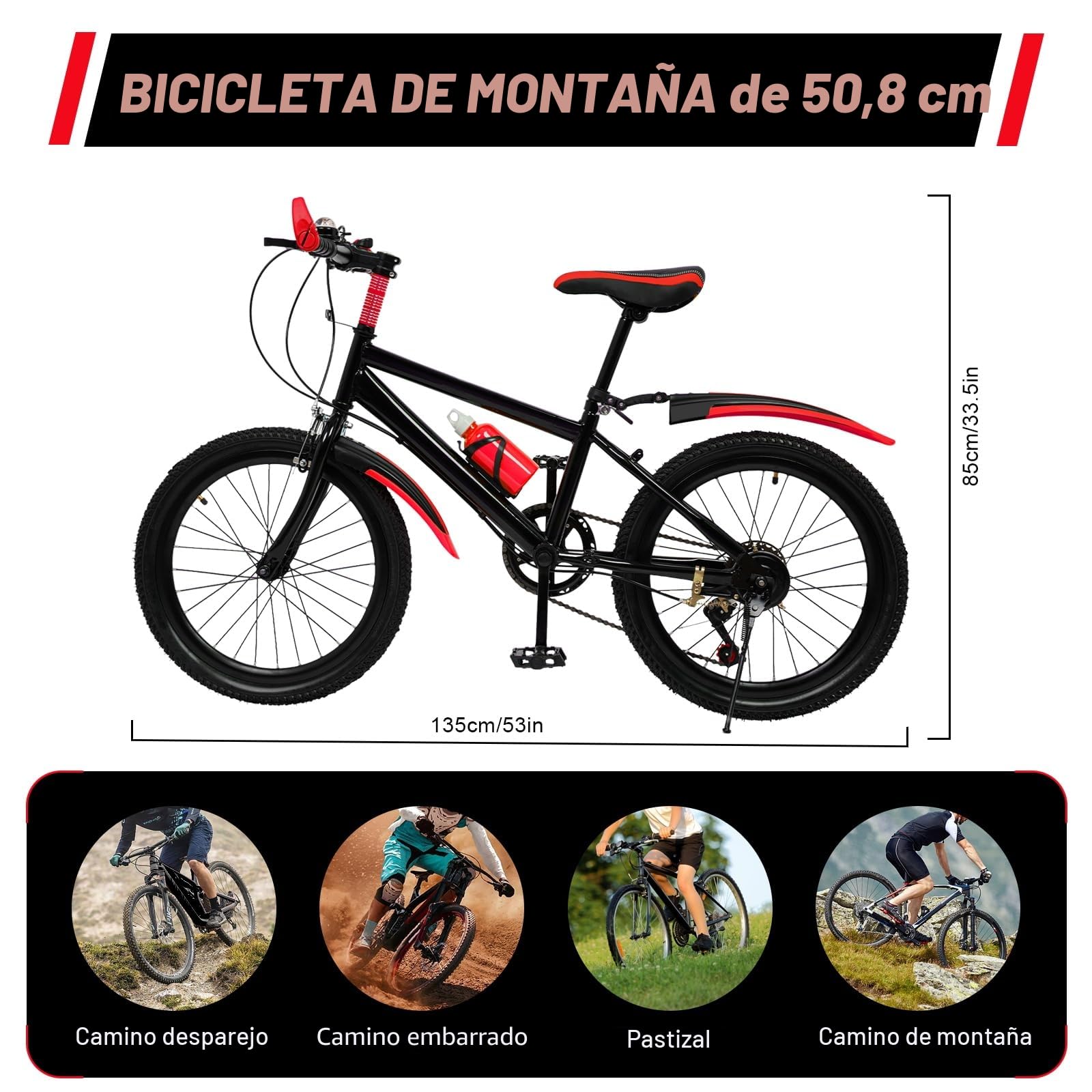 Bicicleta infantil de 20 pulgadas, Bicicleta de montaña de 7 velocidades, color rojo con guardabarros, bicicleta juvenil mejorada, rueda de acero al carbono, bicicleta de montaña de 8 a 13