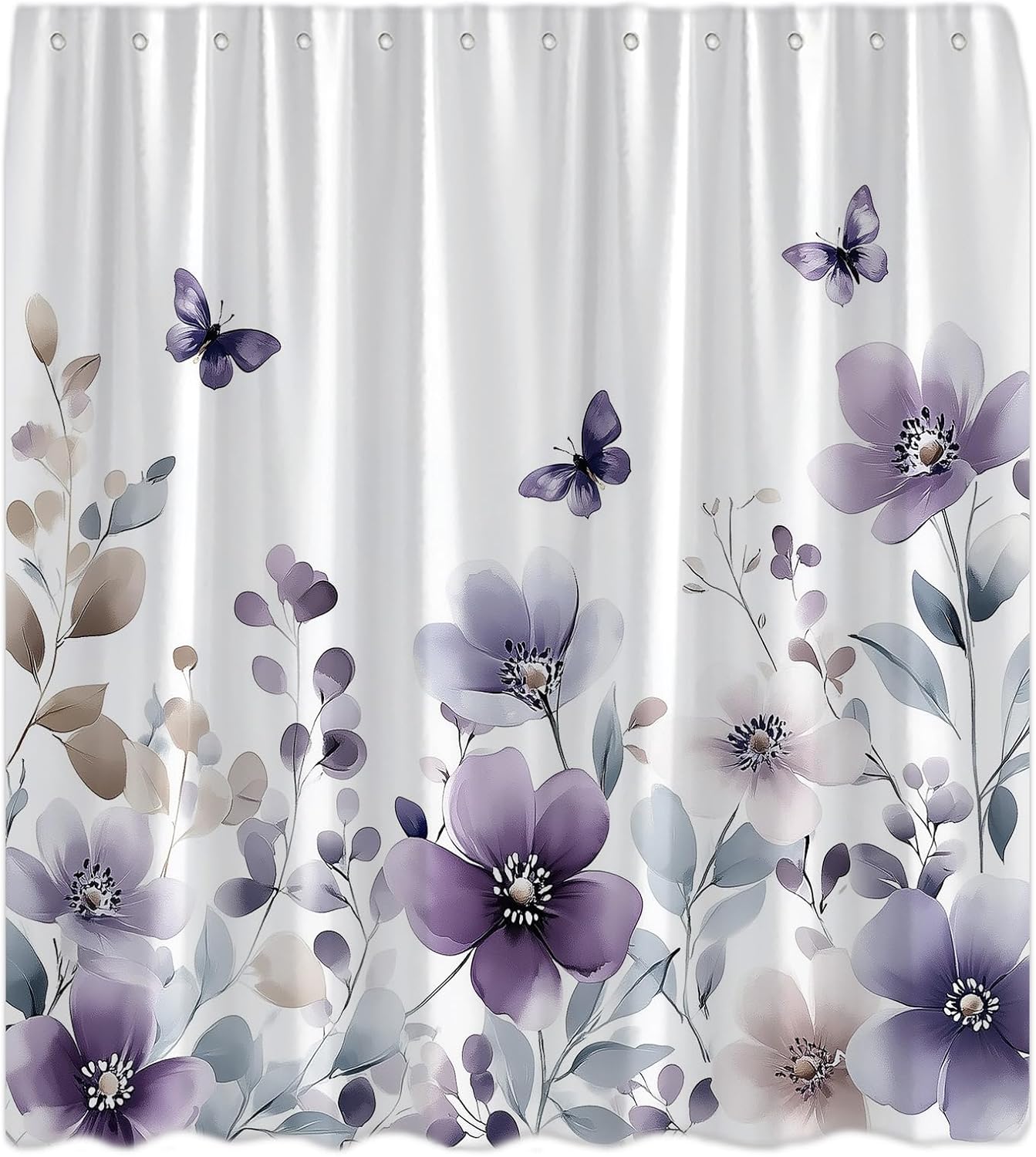 Purple Floral Shower Curtain Watercolor Lilac Flower Butterfly Boho Lavender Cute Wildflower Modern Botanical Elegant Bath Decor Curtain with Hooks, 70x78 Inch