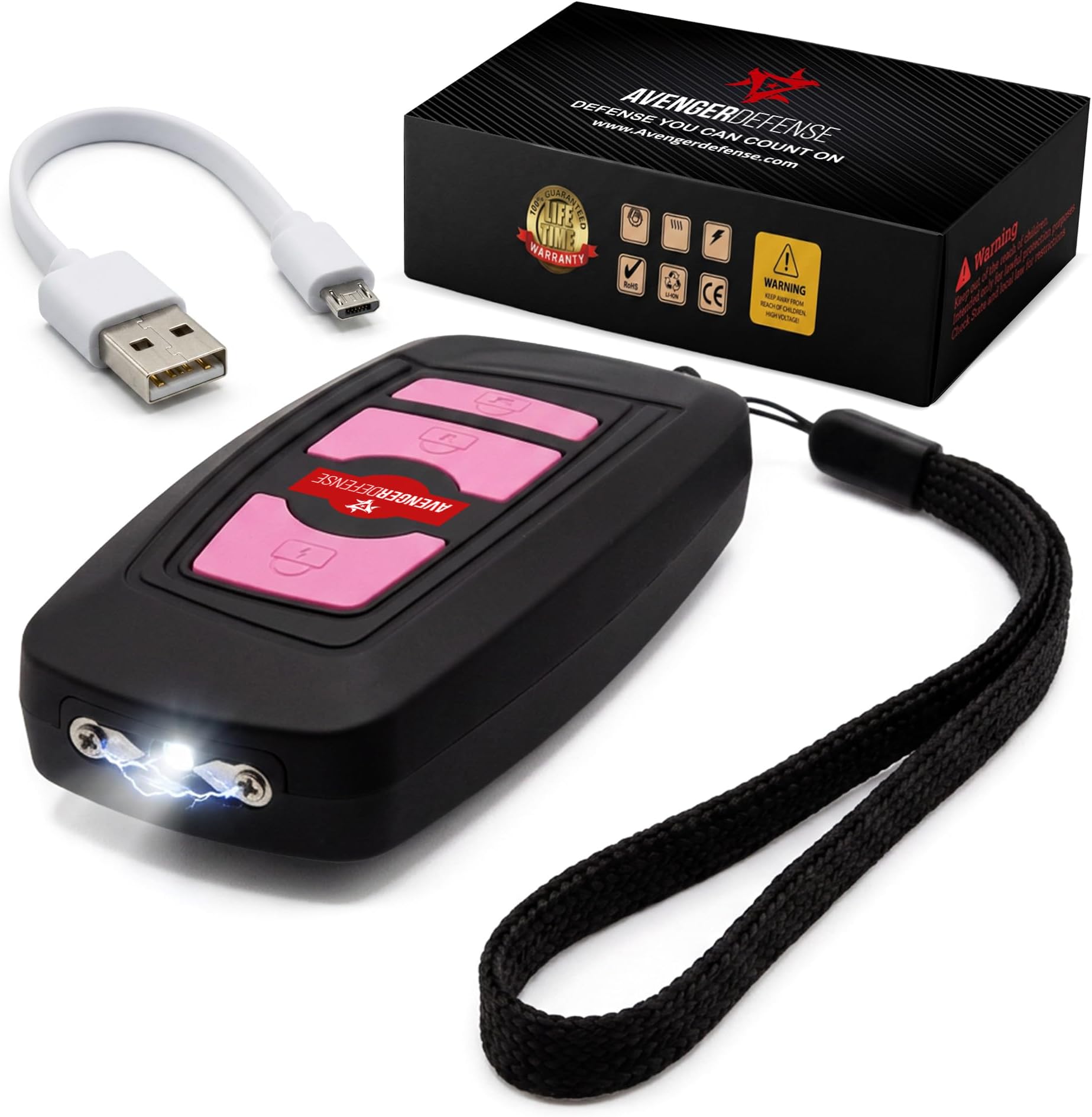 Avenger Defense Portable Car Keychain Stun Gun for Women - Rechargeable Self-Defense Keychain with LED Flashlight, 1.25-1.30 µC Energy Output, Wrist Strap Included